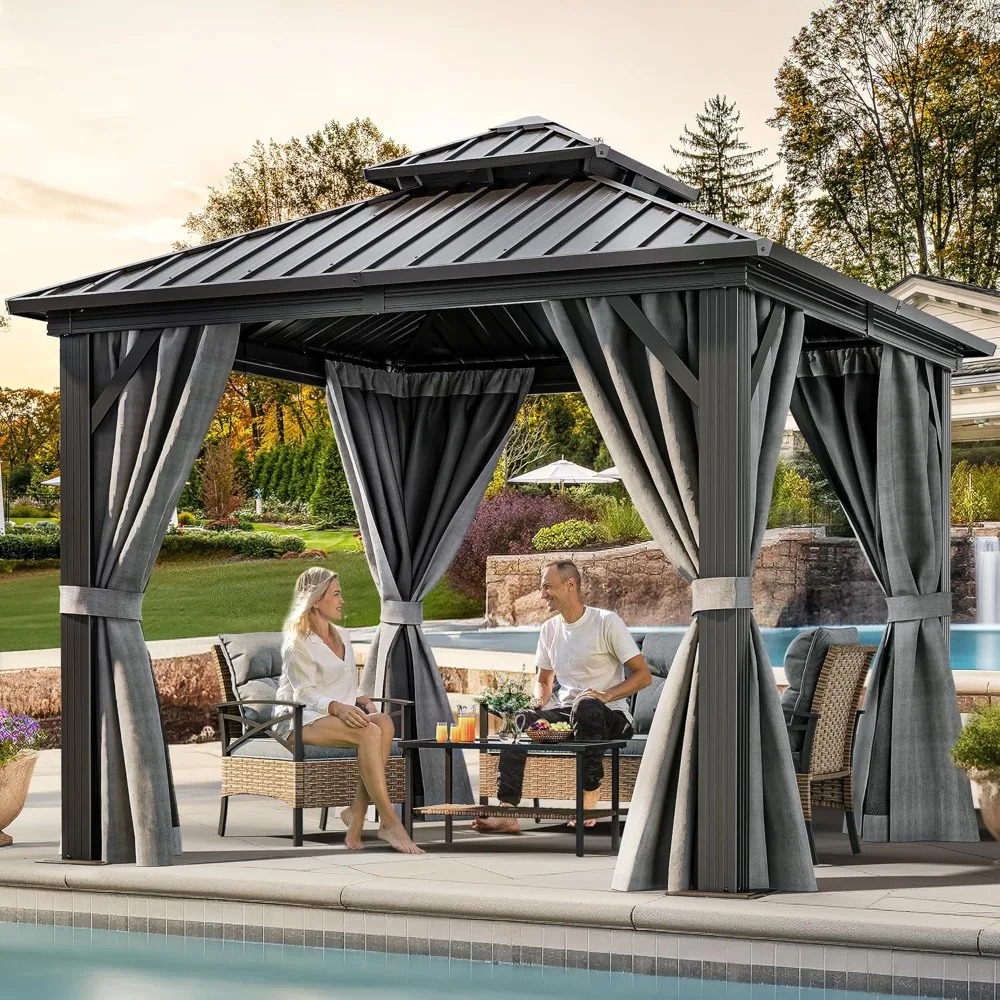 

10X10FT Hard Top Metal Gazebo Patios Double Roof Canopy Aluminum Frame Garden Gazebo Tent Curtains Netting, Customized