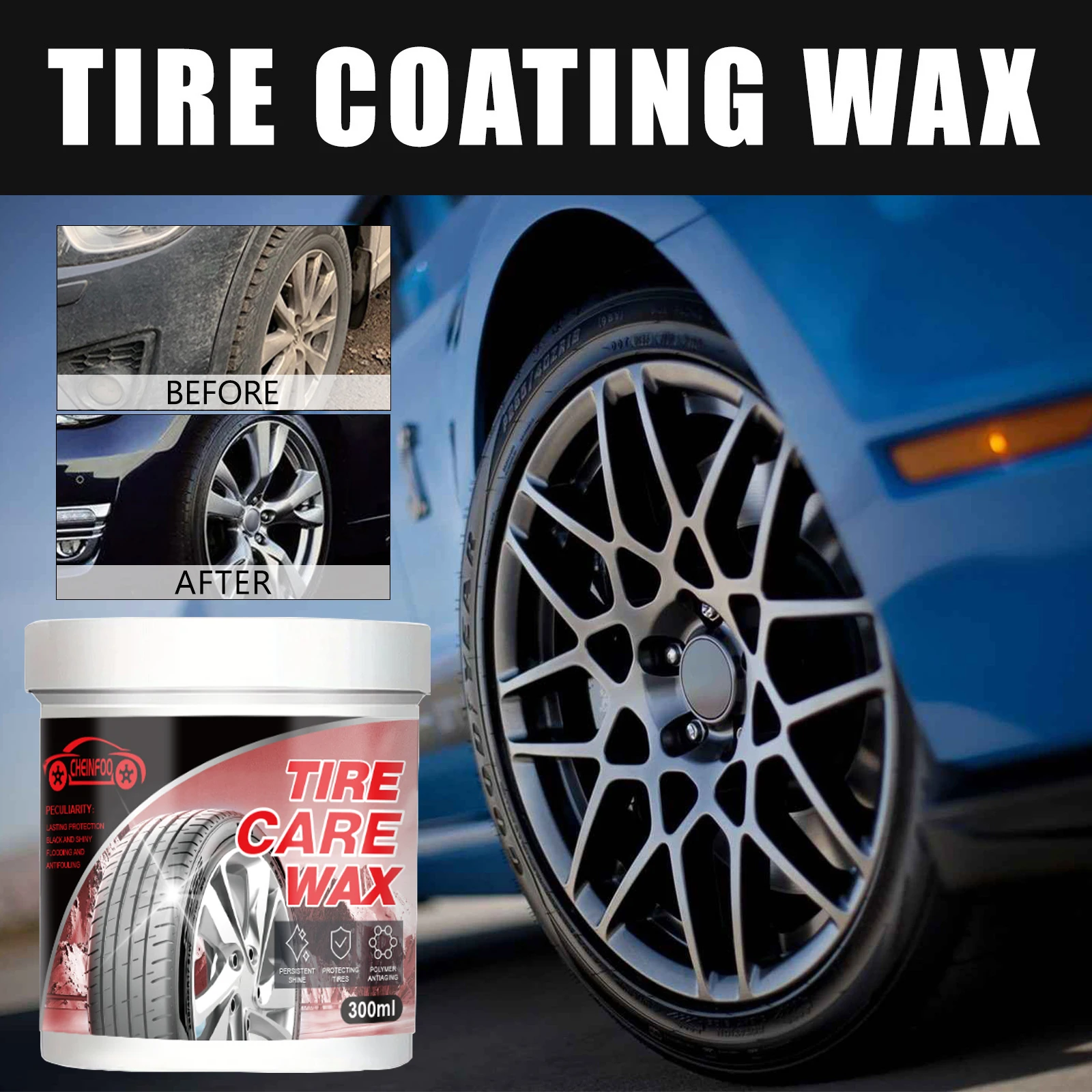 CHEINFOO Car Tire Refurbishment Wax, Black And Bright Coating Paste, Tire Darkening Gloss Durable Bright Decontamination Cleaner