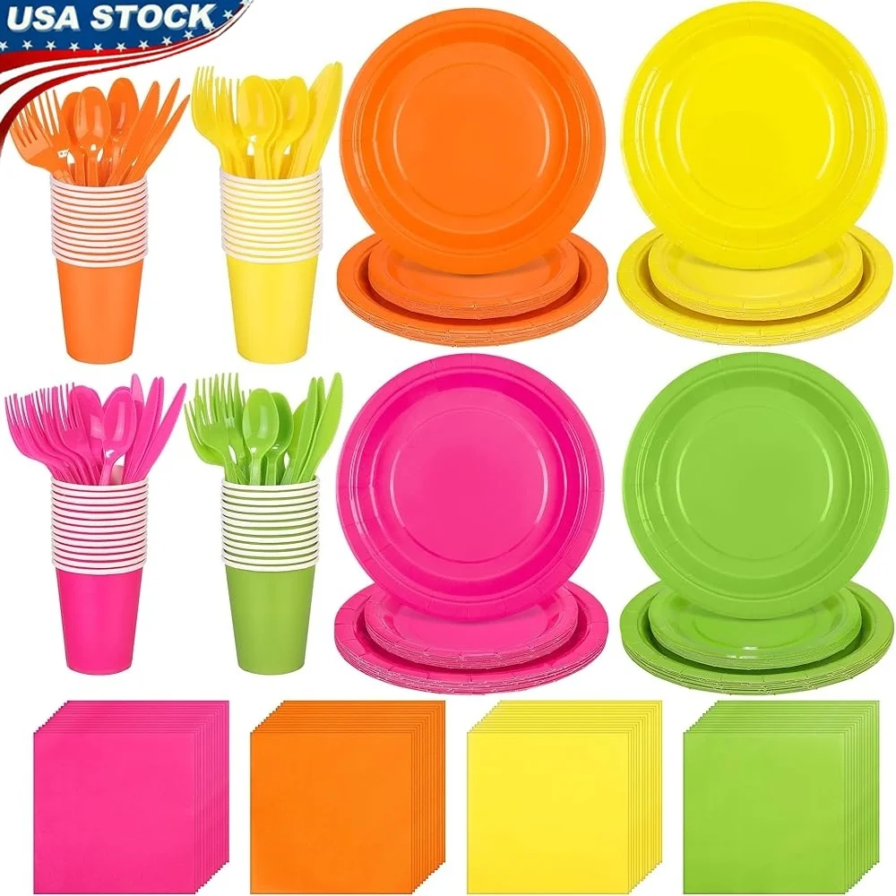 

Neon Party Supplies Set 350 Pieces Disposable Dinnerware 50 Guests Paper Plates Napkins Cups Cutlery Ideal Celebrations