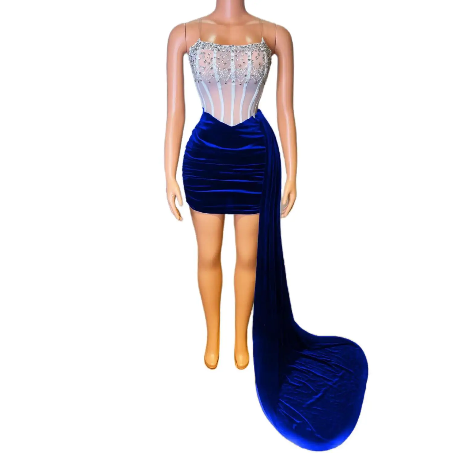 Tiaoma Womens Luxury Rhinestone Sheer Mesh Corset Mini Dress Spaghetti Strap Black Velvet Side Train Party Evening Prom Gown - view 6