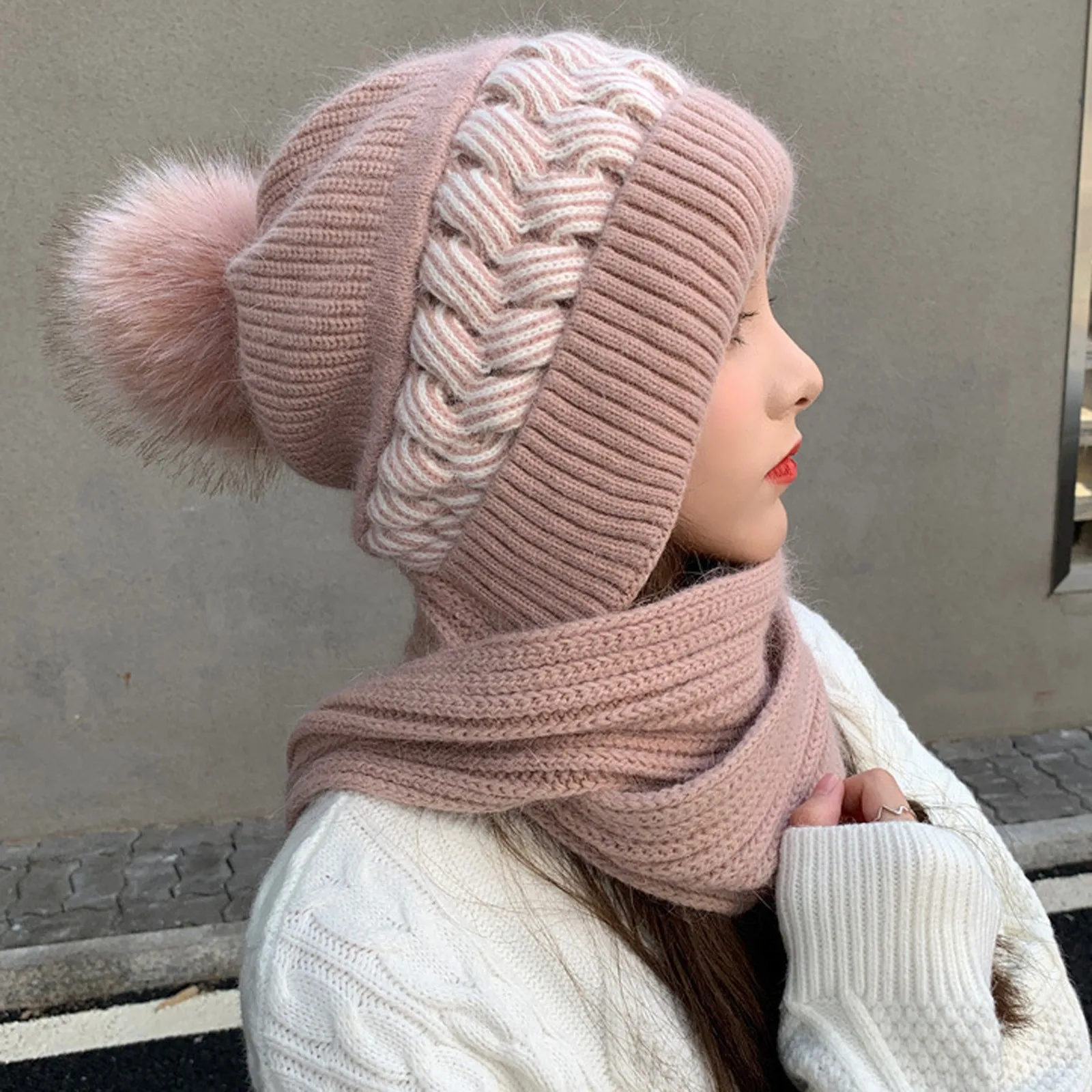 Winter New Warm Hat Scarf Set Women Lady Plush Pompom Crochet Wool Knit Pullover Cap Popular Thick Windproof Warmer Hat Scarves