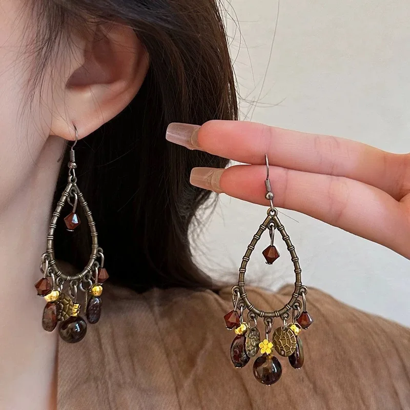 

Vintage Metal Drop Natural Stone Tassel Earring for Women Ethnic Style Retro Drop Earrings Temperament Personality Jewelry Gift