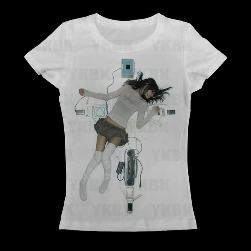 Y2k anime Streetwear O-neck 90s Text Printing Tops Women Harajuku Clothes Simple Vintage Crop Tee Fashion emo Casual T-shirt