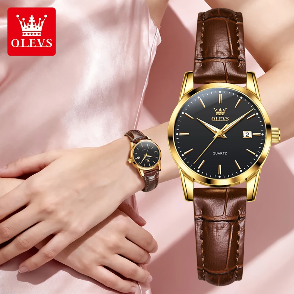 OLEVS Original Women Leather Watch Analog Ladies Quartz Watches Luxury Dress Watch for Small Wrists Waterproof with Date 6898