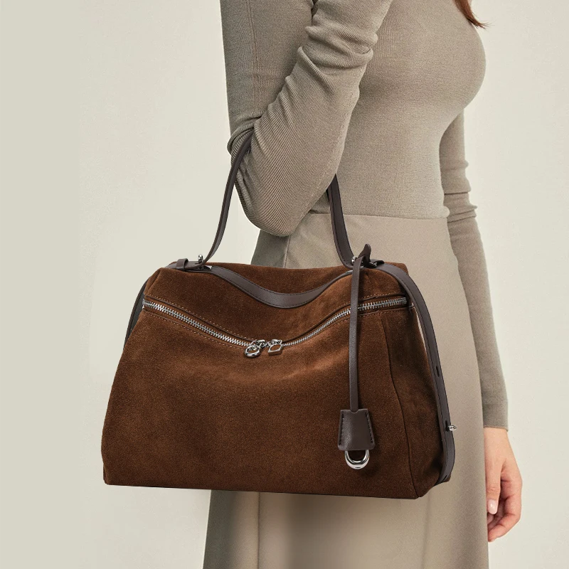 

Brown Split Leather Tote Bag – Women’s Soft Cowhide Handbag with Zipper & Interior Pocket, Perfect for Daily Use