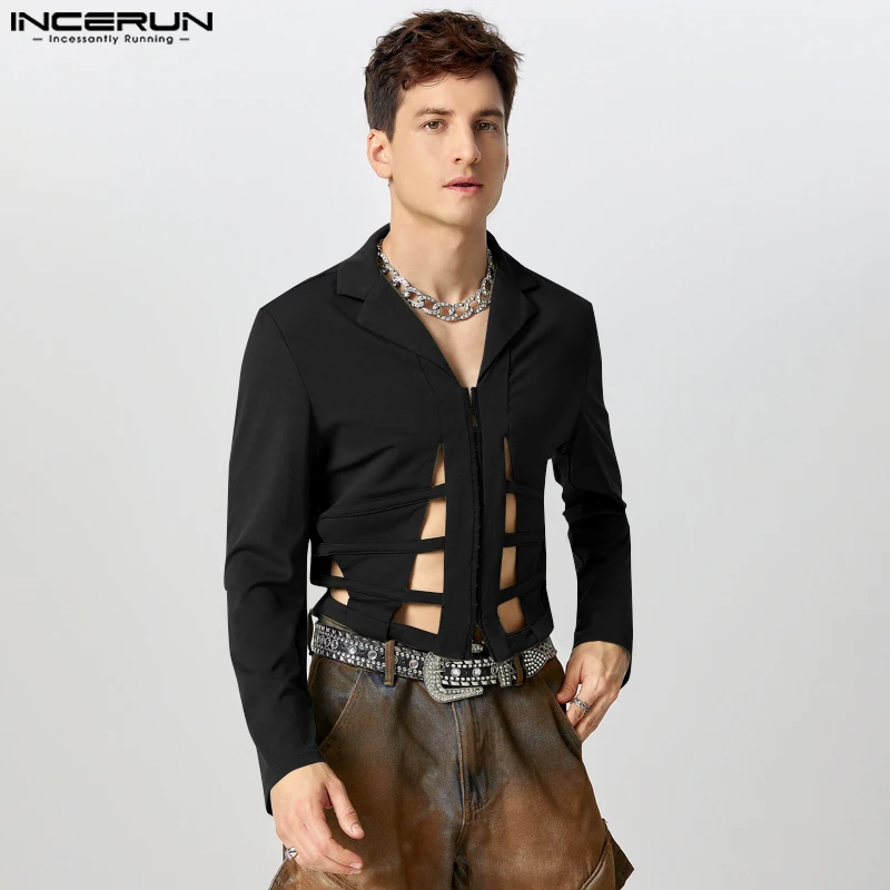 INCERUN Tops American Style Fashion New Men's Hollow Hook Buckle Design Jackets Coat Sexy Casual Male Solid Long Sleeved Jackets