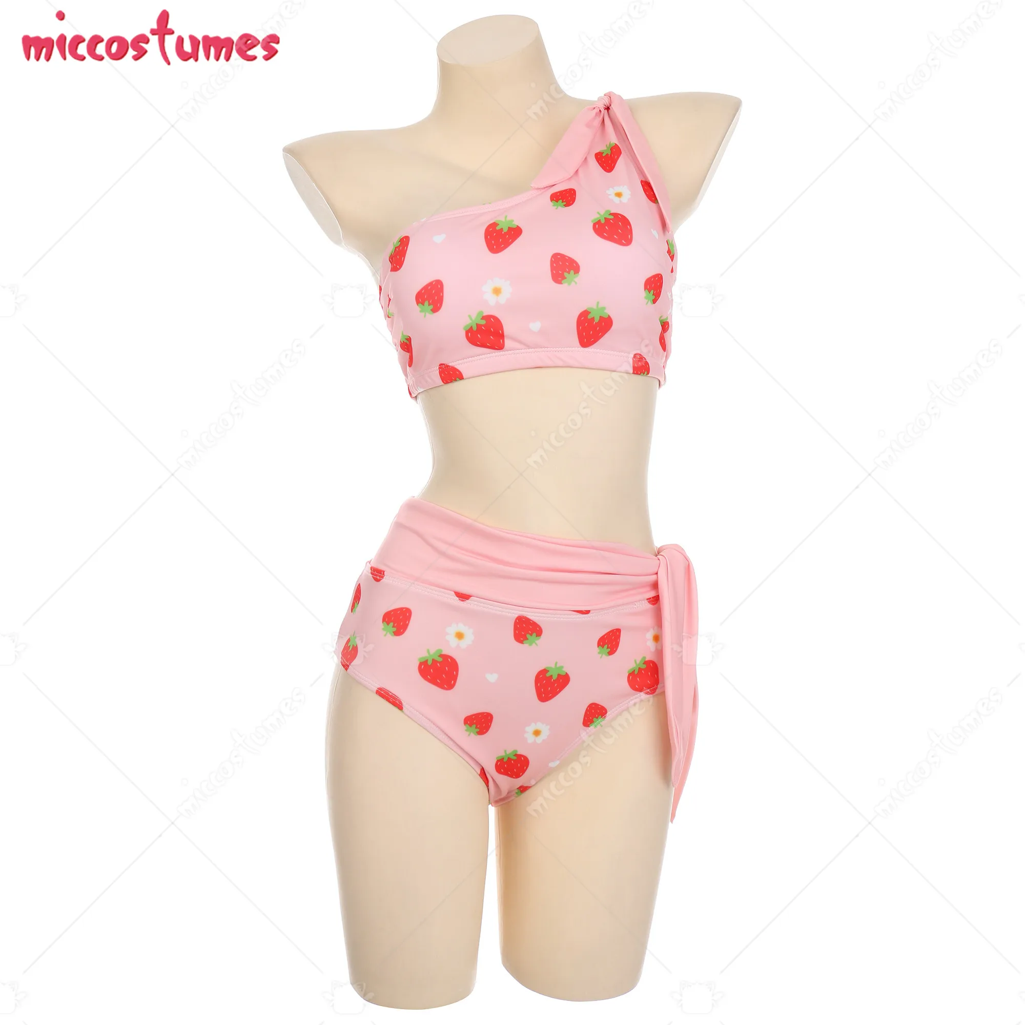 Women Bathing Suit Strawberry Pink Print One-Shoulder Sleeveless Top and High Waist Panty Set Two-Piece Swimwear