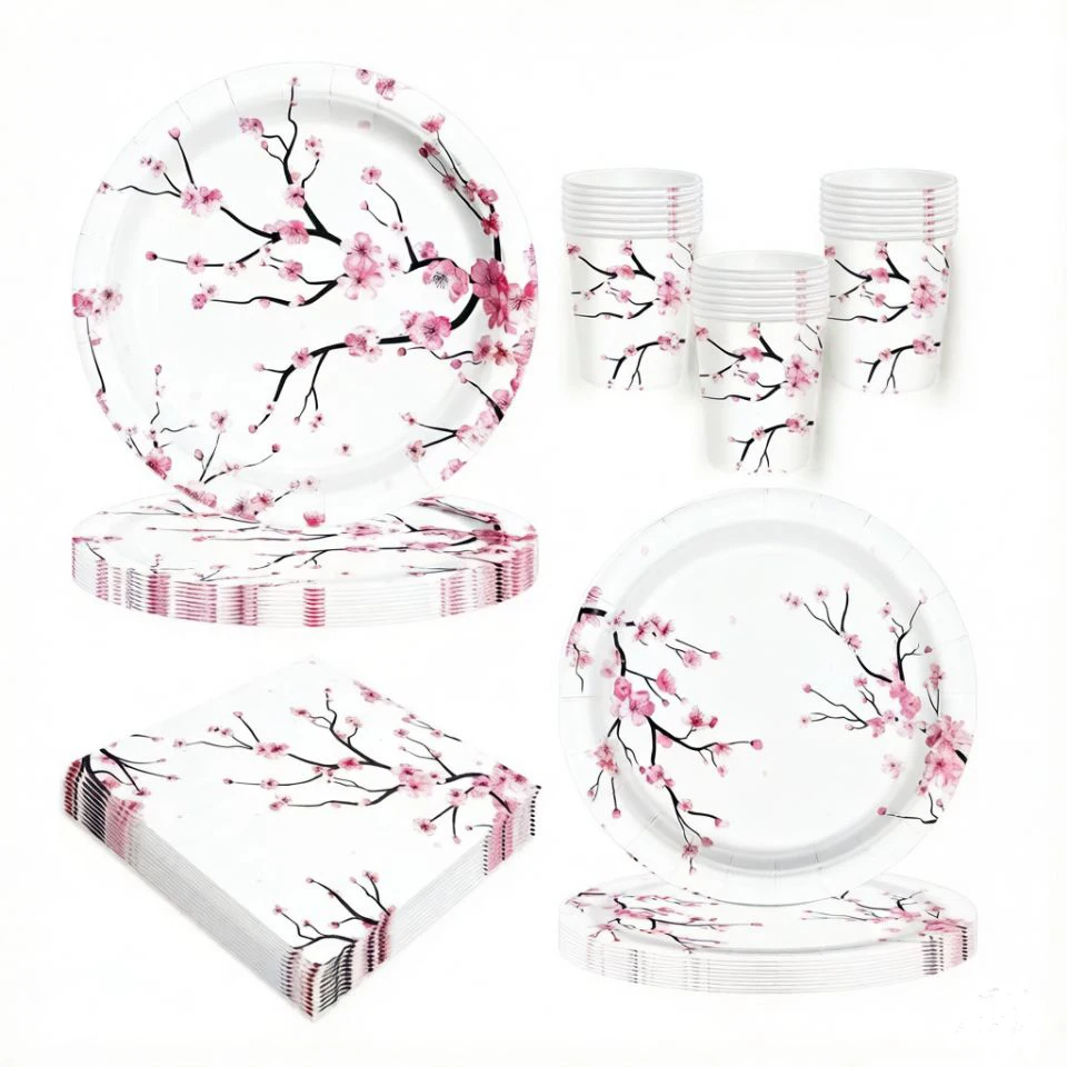 Neues Rosa Kirschblüten Einweggeschirr, Pappteller, Becher, Servietten, Tischdecken, Strohhalme, Hochzeits-, Geburtstagsparty-Zubehör – Detail 1