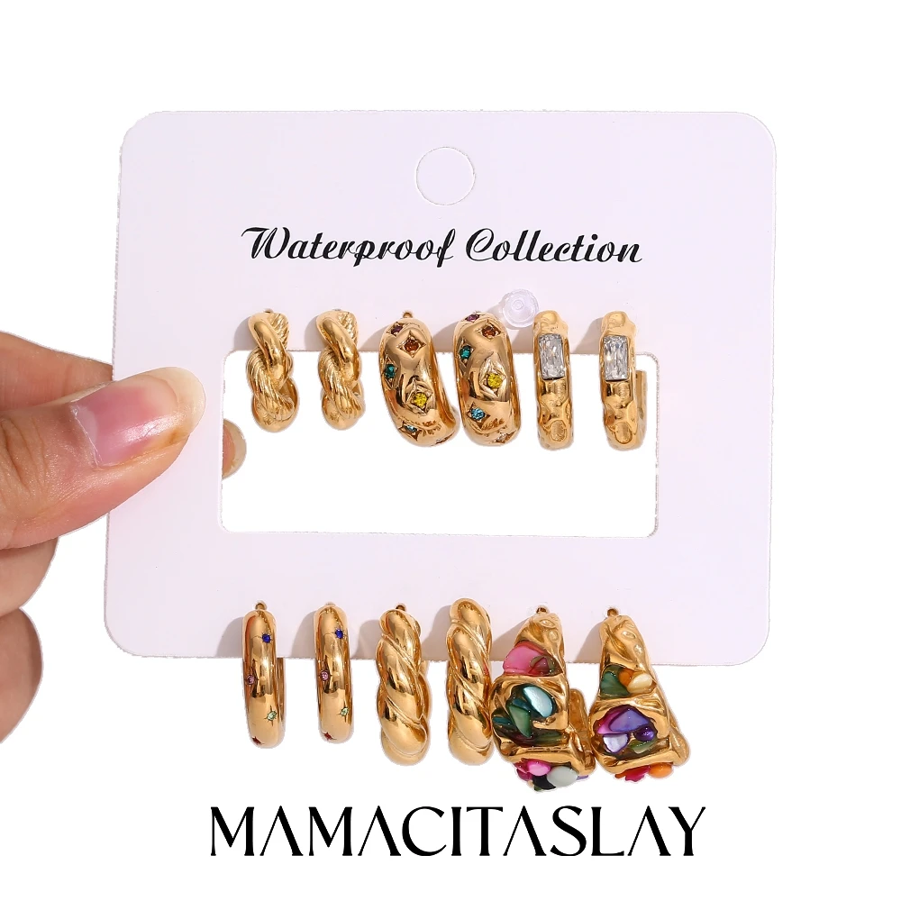 MamacitaSlay Stainless Steel Zircon Geometric Earrings 6PCS Party Creative Fashion Jewelry Set Women's Charm Accessories Gift