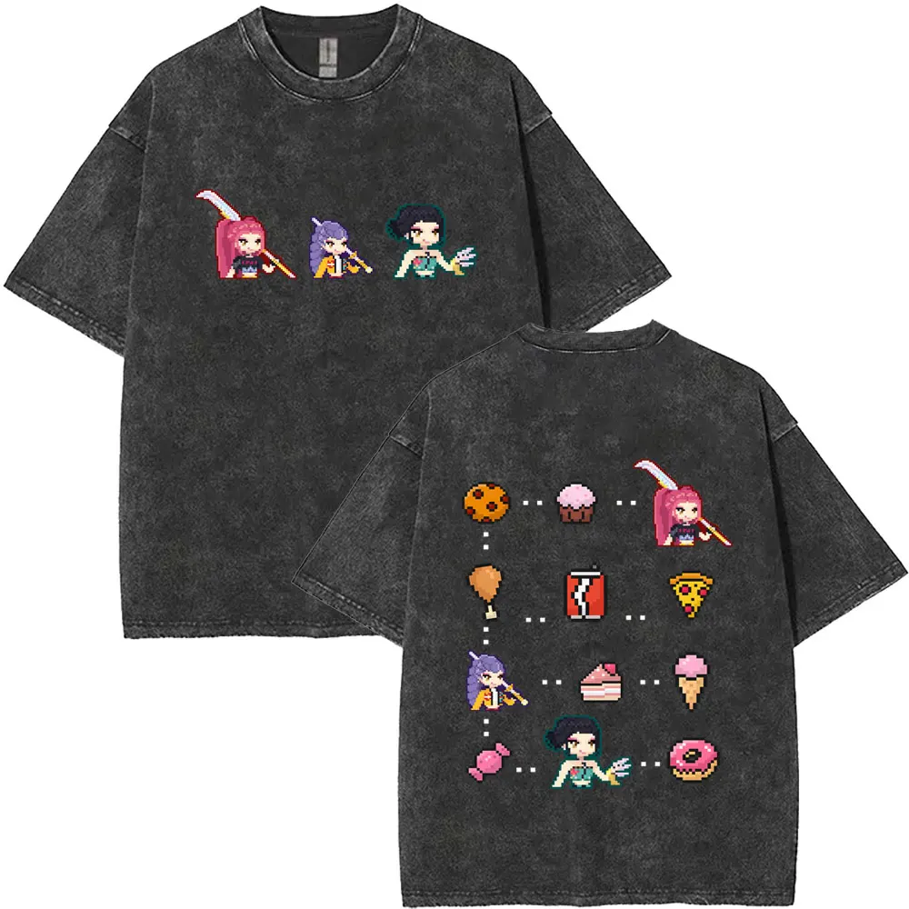 

Hot Kpop Demon Hunters Rumi Mira Zoey Washed Vintage T-shirt Men Women Fashion Oversized Streetwear Male Casual Cotton T Shirts