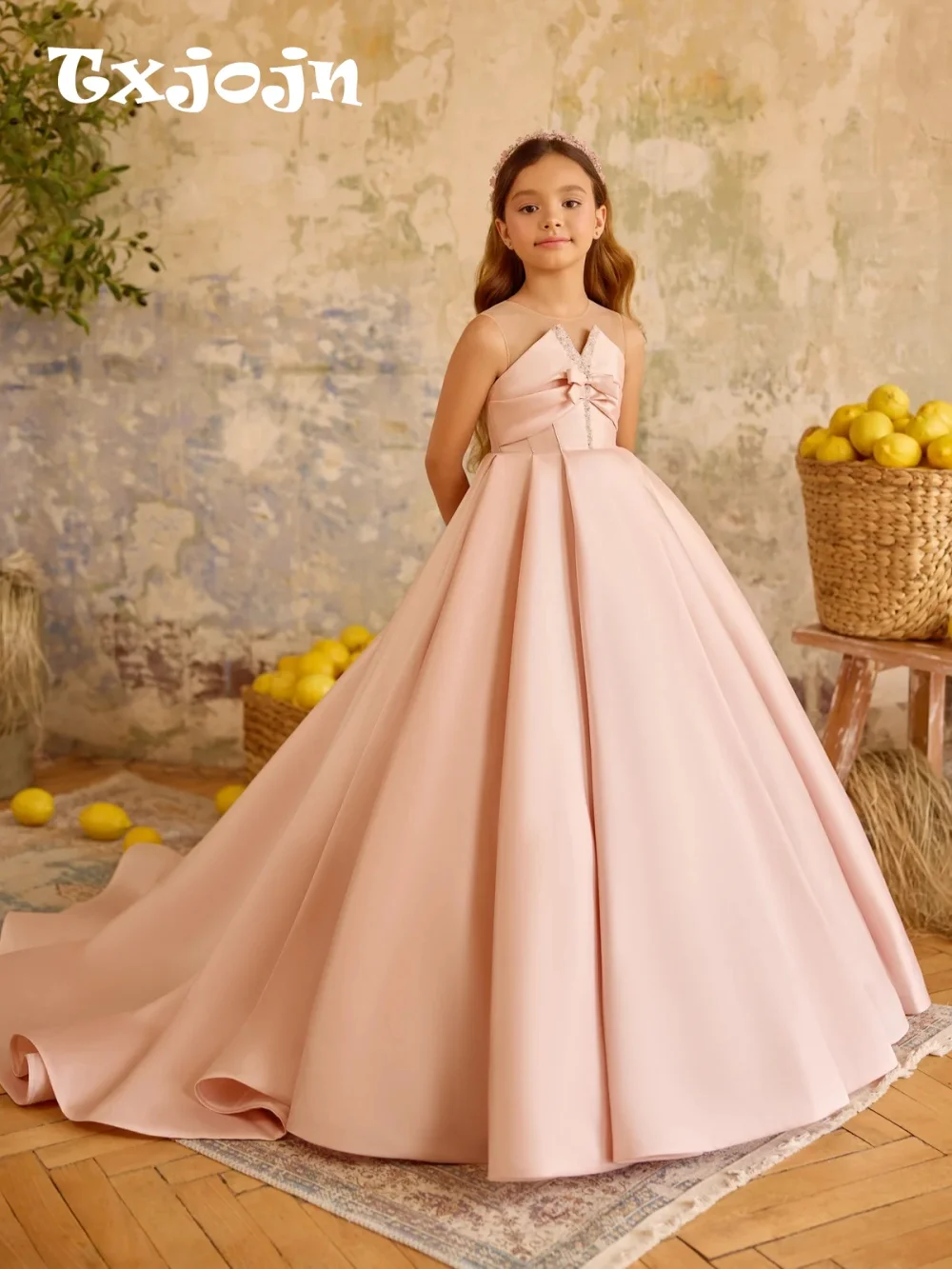 

Pink Beaded Satin A-line Floor-length Princess Gown With Bow Elegant Luxury Oneck Sleeveless Girls Dresses For Party 2-14Y