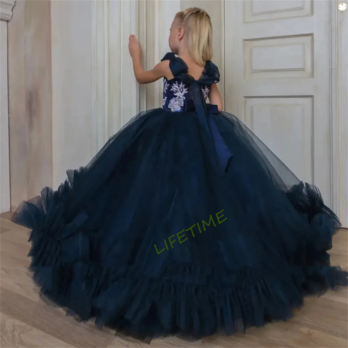 

Navy Blue Tulle Ruffles Ball Gown Flower Girl Dresses For Wedding 2023 Princess Sleeveless Birthday Party First Communion Gowns