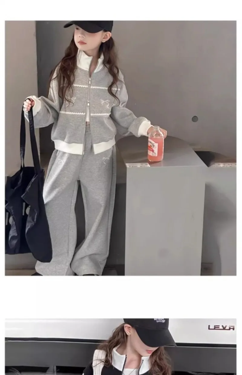 UNITIM Herbst Kinder Mädchen 2-teiliges Kleidungsset Schleifendruck 4-14 Jahre Kinder Mädchen Reißverschluss-Mäntel Anzüge Lose Junior Mädchen Hosen Outfits – Detail 7