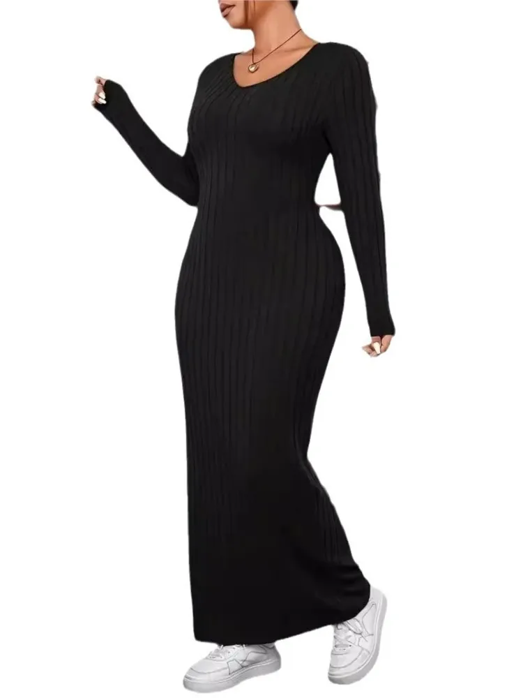 Plus Size Autumn V-Neck Long Dress Women Slim Bodycon High Waist Fashion Sexy Backless Ladies Dresses Long Sleeve Woman Dress