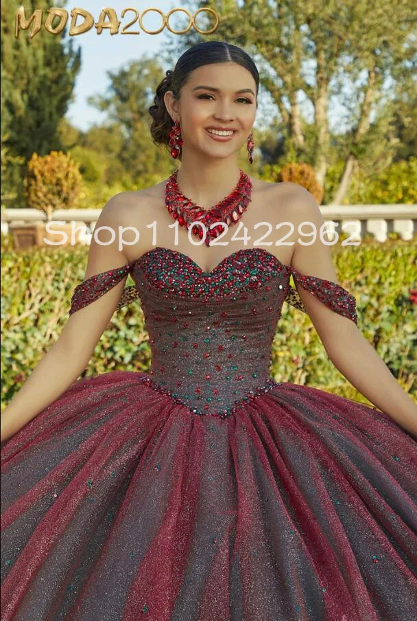 Burgundy Princess Off Shoulder Quinceanera Dresses Two tone Twinkling Glitter Tulle Skirt Corset vestido de 15 quinceañeras