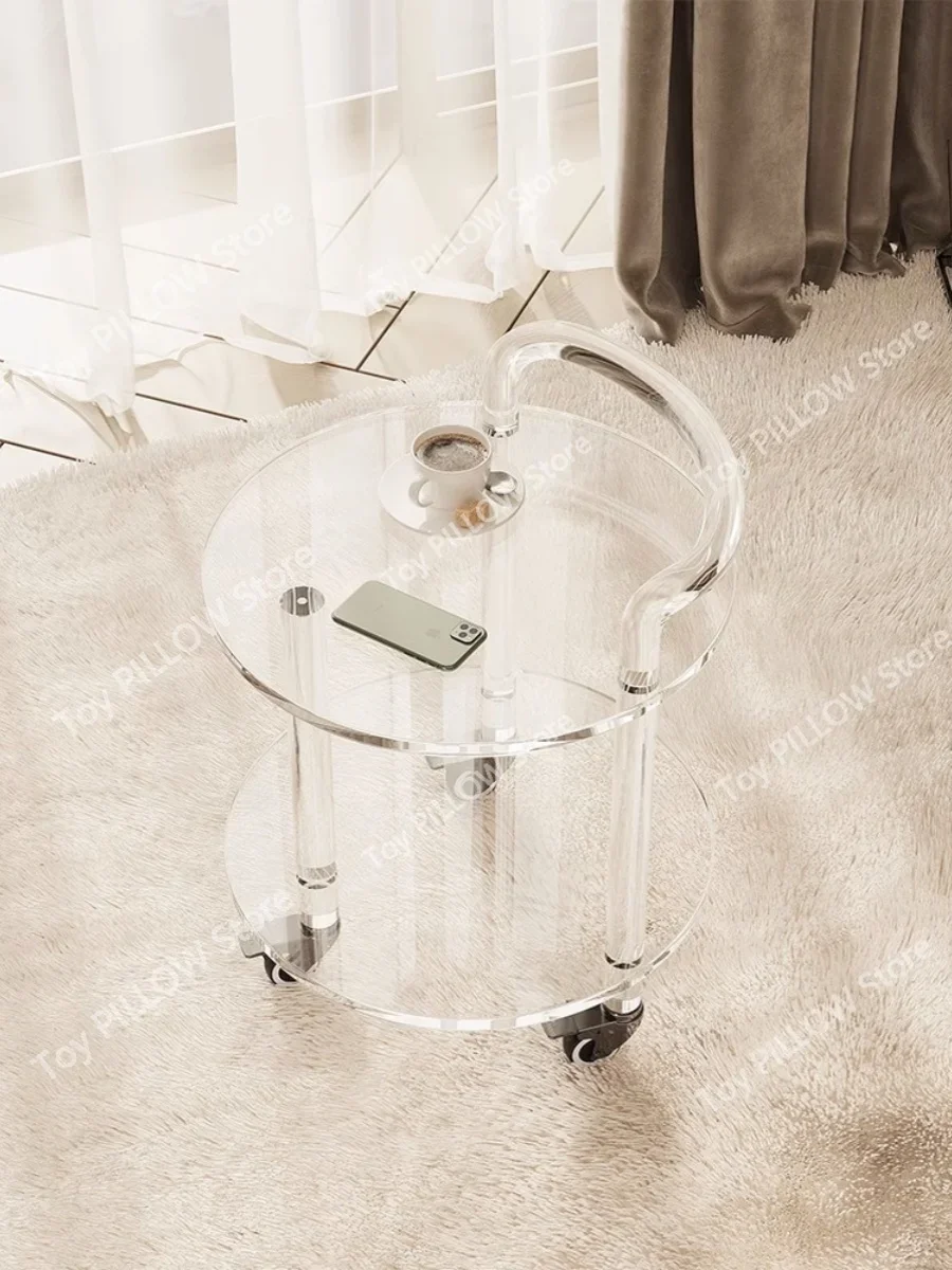 Acrylic round coffee table sofa side  movable light luxury trolley modern simple transparent glass small 