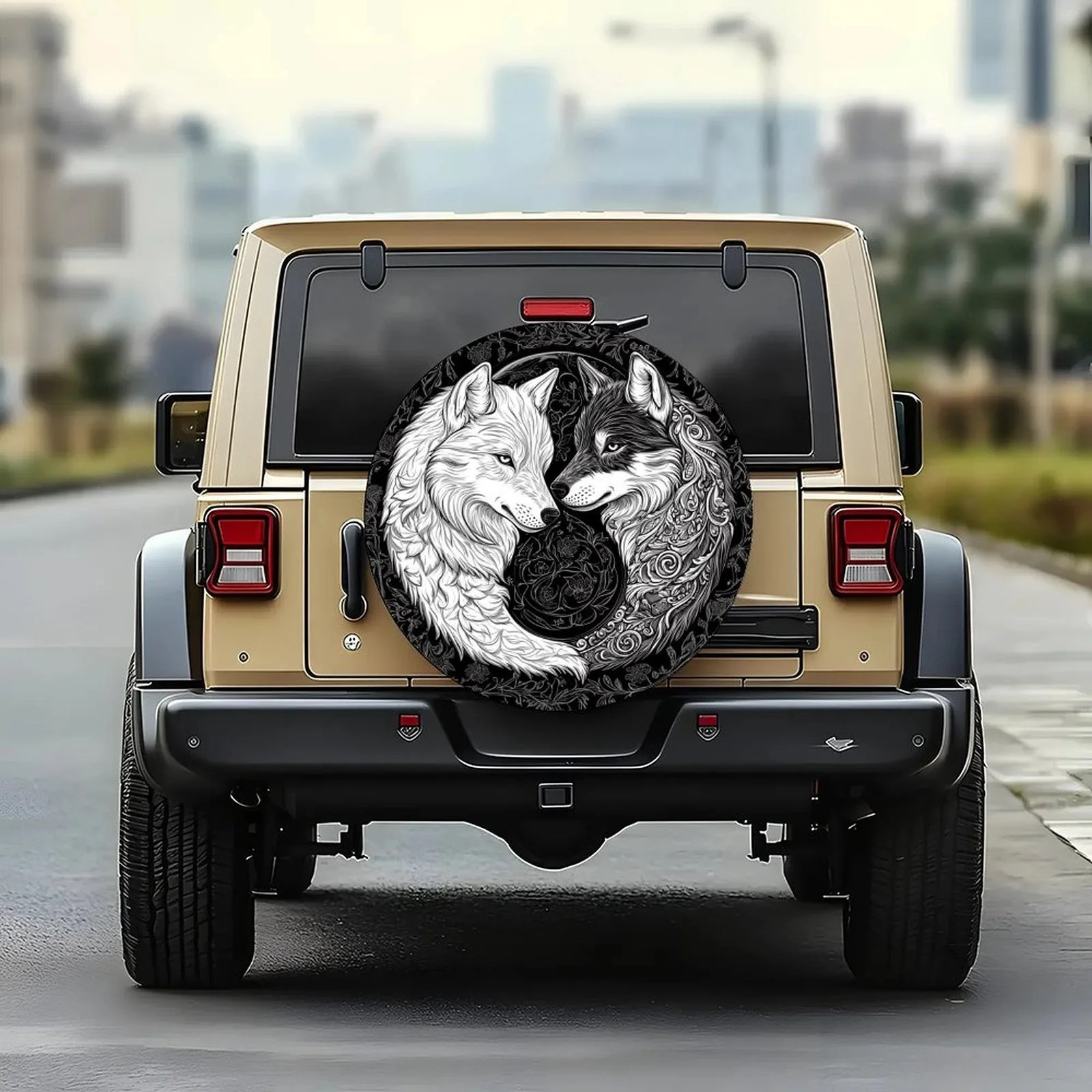 Wolf Yin Yang Tire Cover Wheel - Fit For Cars, Black/White/Gray Wheel Hub Caps - Chinese Martial Rts Inspired Design With Yin-Ya