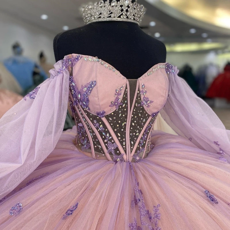 Pink Ball Gown Quinceanera Dress 2024 Shiny Lace Applique Long Train XV Princess Vestidos De 15 Años Birthday Sweet 16 Dress