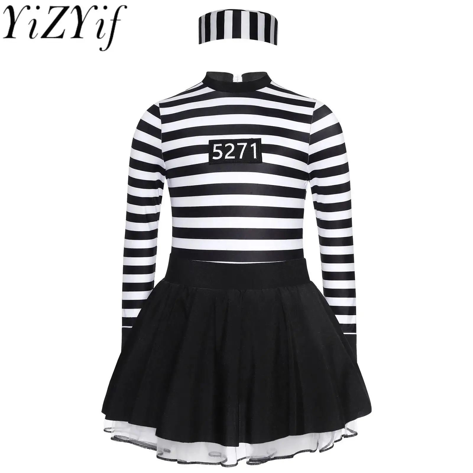 

Striped Puffy Dress Halloween Prisoner Inmate Hail Cosplay Costume Long Sleeve Ruffled Tutu Dress with Convict Caps