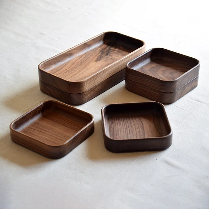 Creative Stackable Plate Walnut Wood Plate Square Tray Japanese Tableware Household Simple Confectionery Plate Small Round Bowl