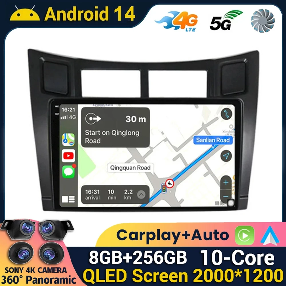 Android 14 Carplay Auto Car Radio Multimedia Player For Toyota Yaris 2005 2006 2007 2008 2009 2010 2011 2012 GPS Stereo WIFI+4G