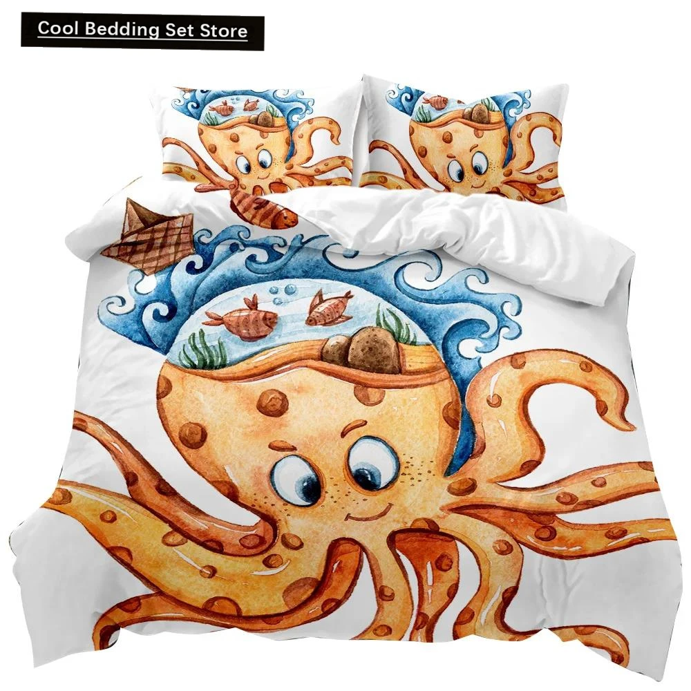 Octopus Duvet Cover Sealife Bedding Set Ocean Animal Comforter Cover Teens Adults Double Queen King Size Polyester Qulit Cover