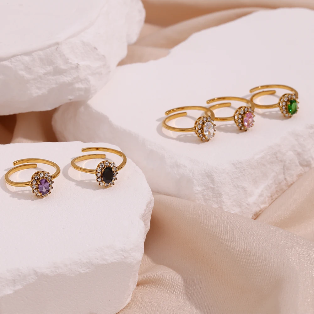 MamacitaSlay Luxury Colorful Oval Zircon Flower Adjustable Rings for Women New 18K Gold Plated Tarnish Free Finger Jewelry Girls