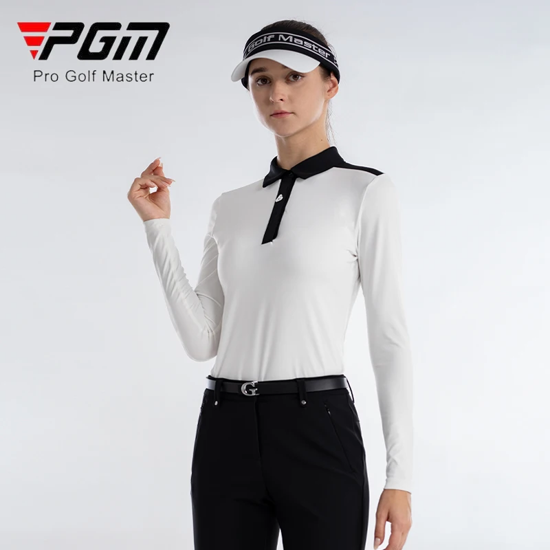 PGM Women Patchwork Slim Golf T-shirt Ladies Turn Down Collar Sport Shirt Autumn Women Soft Long Sleeve Tops Casual Golf Wear