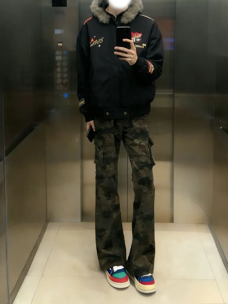 

Retro Camouflage Multi-ket Men's Jeans Straight Leg Slimming Flared Workwear Design Sense Long Pants Casual Youth Sle