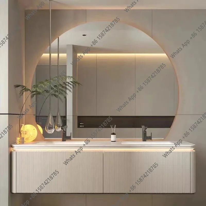 X69 New Bathroom Cabinet Luxury Vanity Set With Oak Wood Paint-Washed Washbasin High-End Rock Slab Thermo-Bent Design Furniture