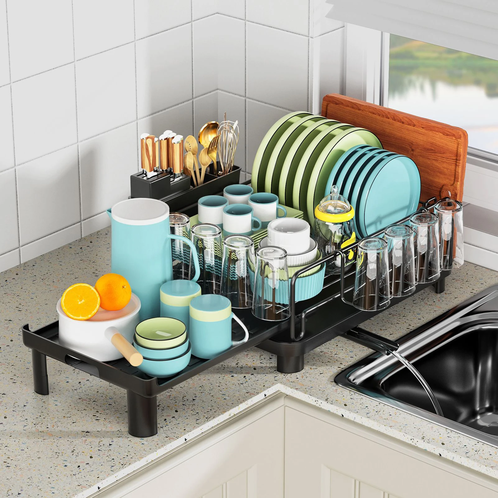 Kitchen Dish Drainage Rack Carbon Steel Double-layer Retractable Cup And Cutting Board Holder Bowl Plate Tableware Sink Kitchen