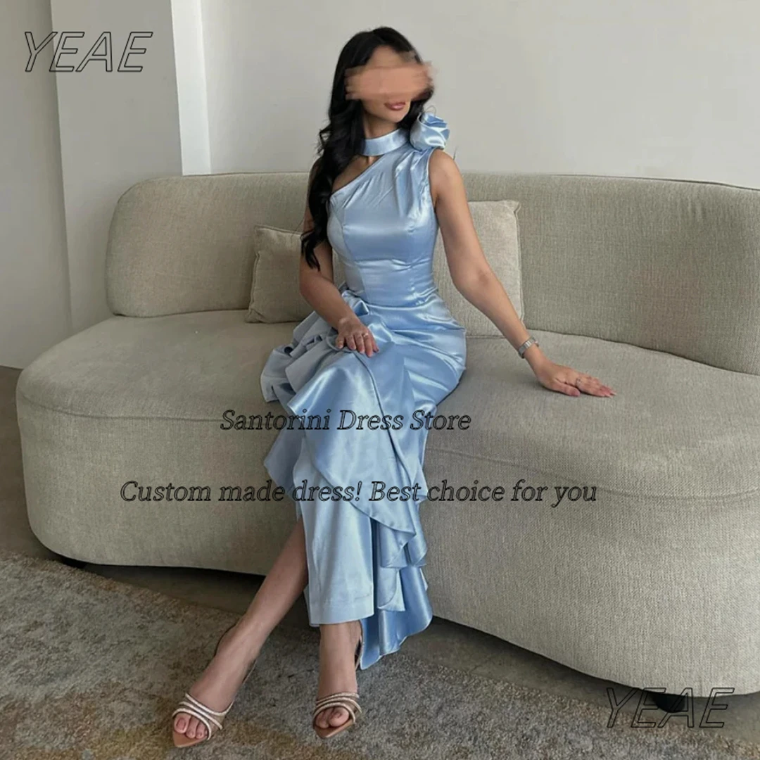 Santorini Flower Halter Neck Prom Dresses Ruffles Side Slit Ankle Length Evening Gowns Saudi Cocktail Party Dress Customized
