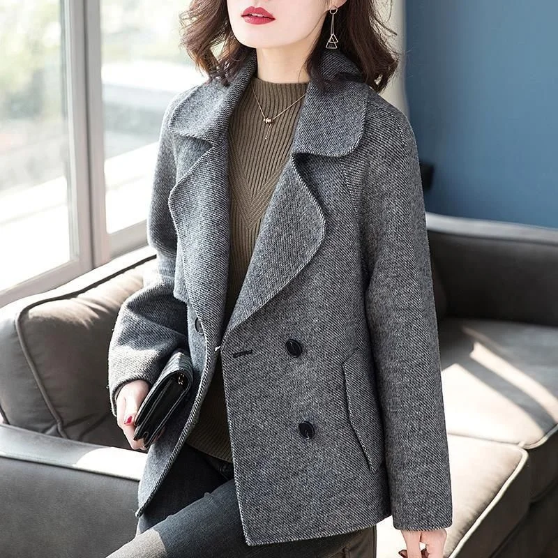 

2024 Twill Woolen Coat Suit Jacket Women Double-breasted Blazers Autumn Winter Loose Short Coats Female Casual Tops Gray Outwear