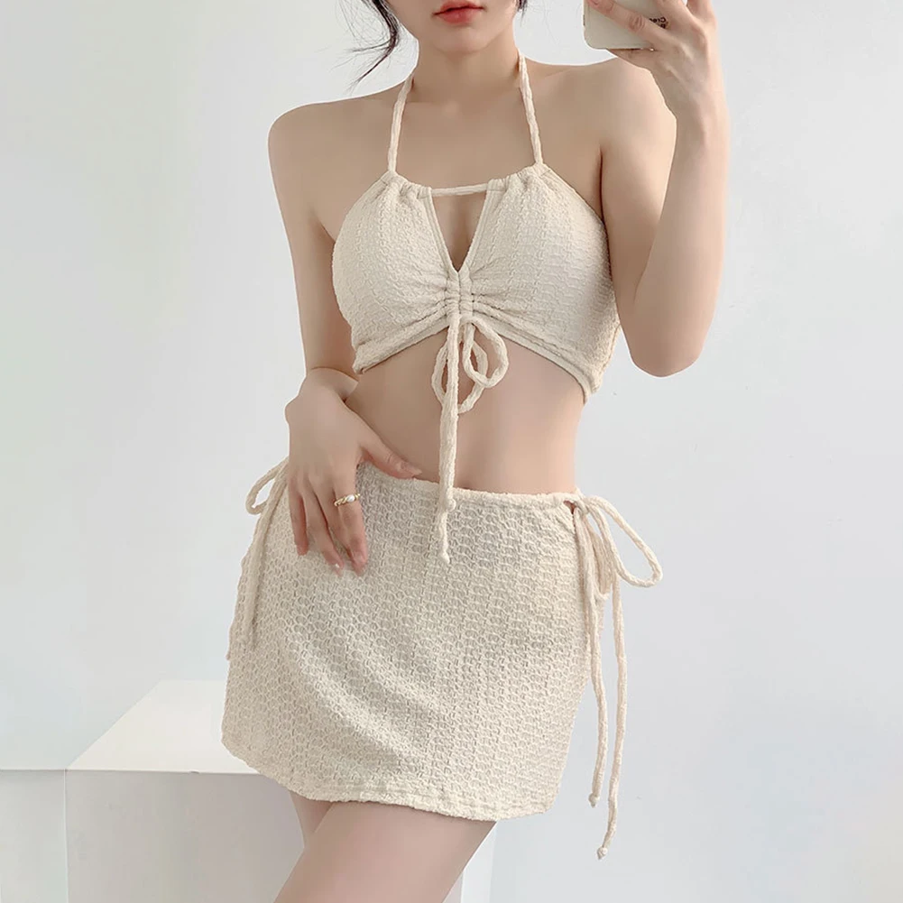 Swimwear Women Bikini Swimsuit With Beach Skirt Knot Bathing Suit Beachwear Ruffle Three-Pieces Bikini Set Biquini