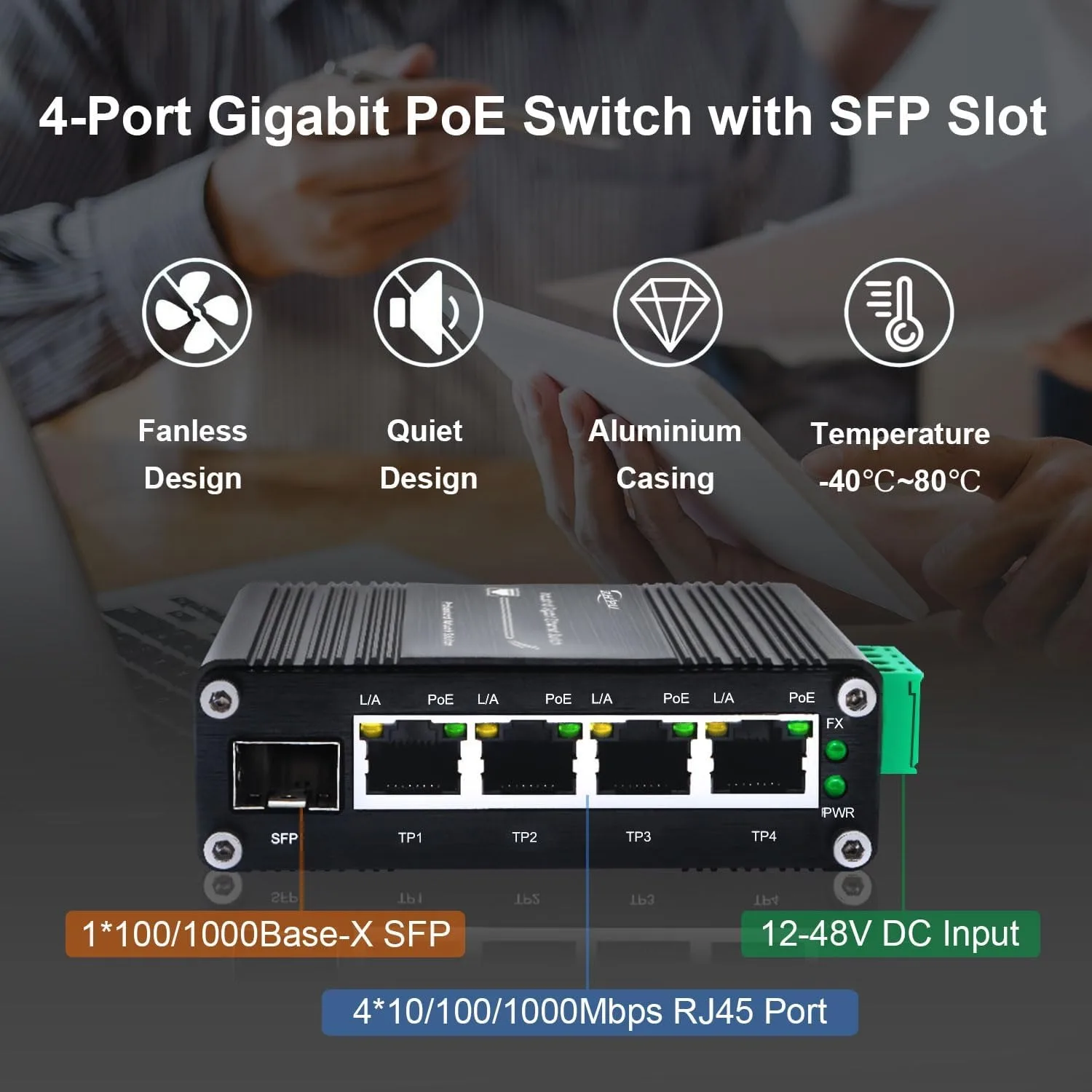Industrial 4-Port Gigabit Solar PoE Switch, DC 12-48V Input, 48V PoE Output, SFP Uplink, IEEE 802.3af/at