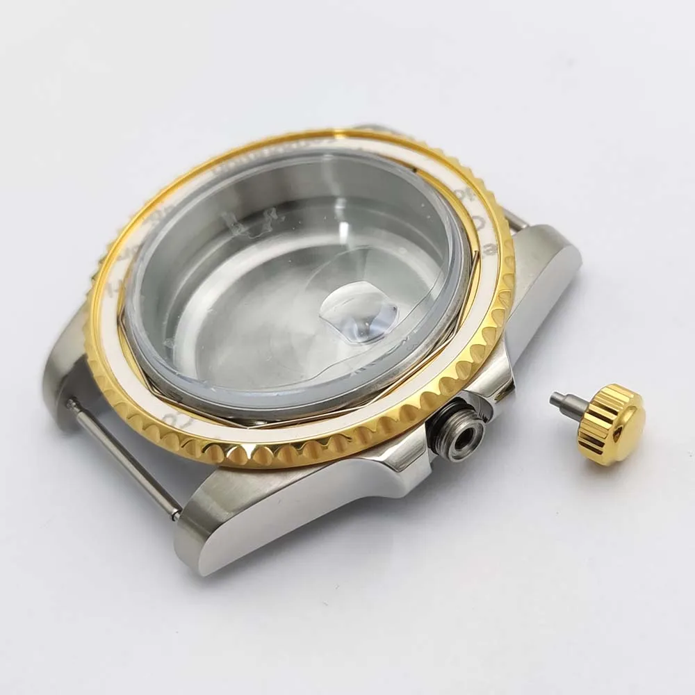 40 mm men's case Sapphire glass for NH35 movement Men's water-resistant case Gold and silver combination case 120 clicks