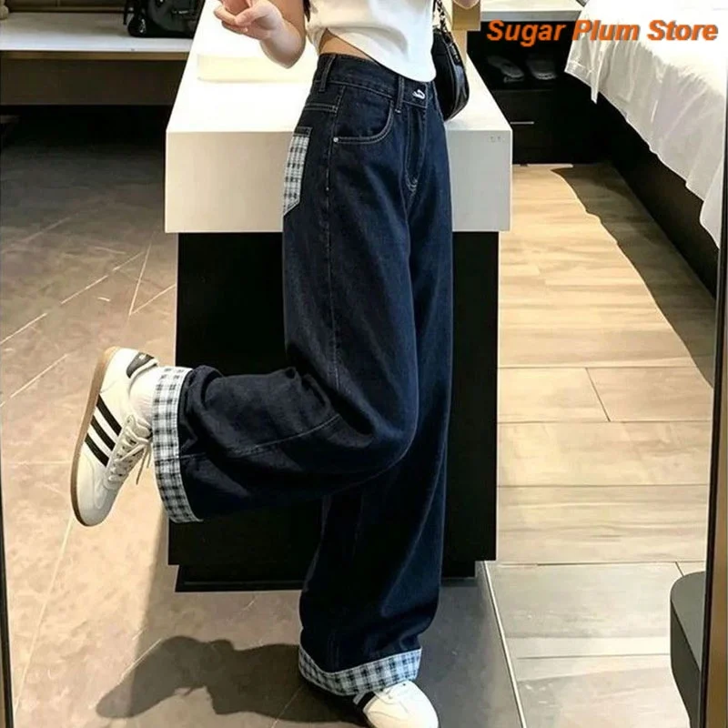 American Retro Washed Bow Plaid Stitching Jeans Women's Summer New High Waist Comfortable and Relaxed Slim Trend Wide-leg Pants.