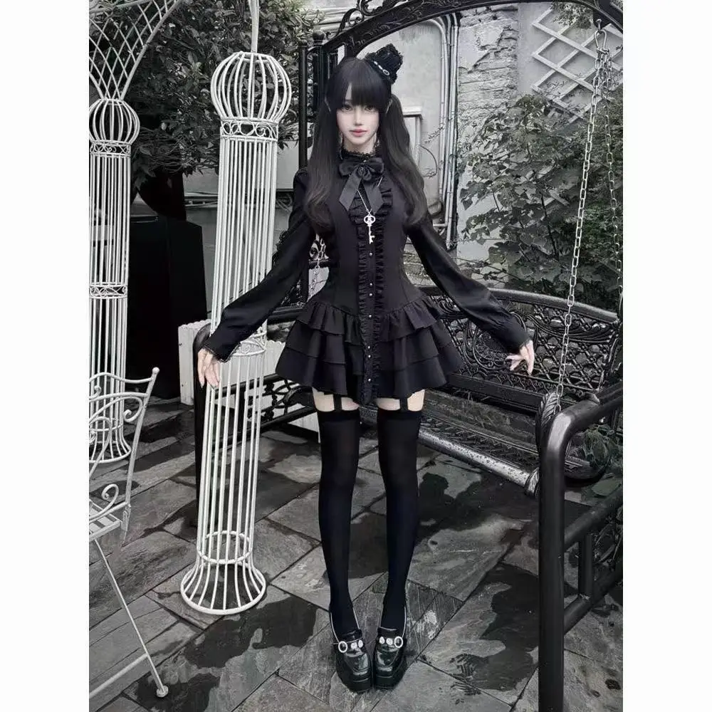 

Dark Black Gothic Style Long Dress Japanese Long Sleeved Waist-cinching Patchwork Lolita Vintage Street Y2K Cosplay Costume