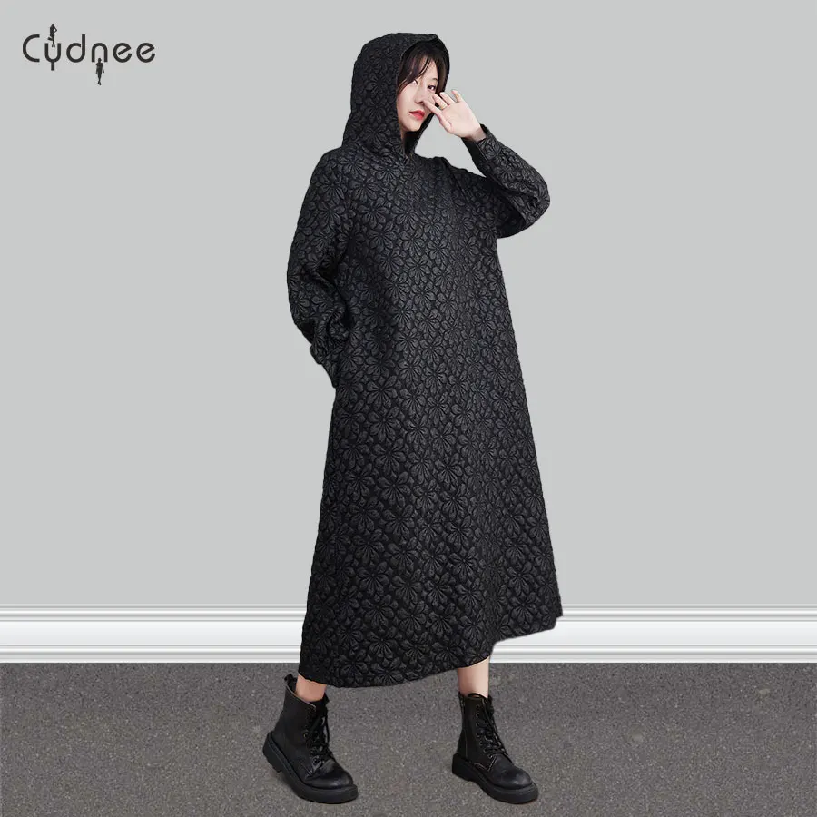 Autumn Winter Large Size Pullover Solid Flower Pattern A-Line New Leisure Jacquard Craft Cotton Long Sweatshirt Hoodie Dress