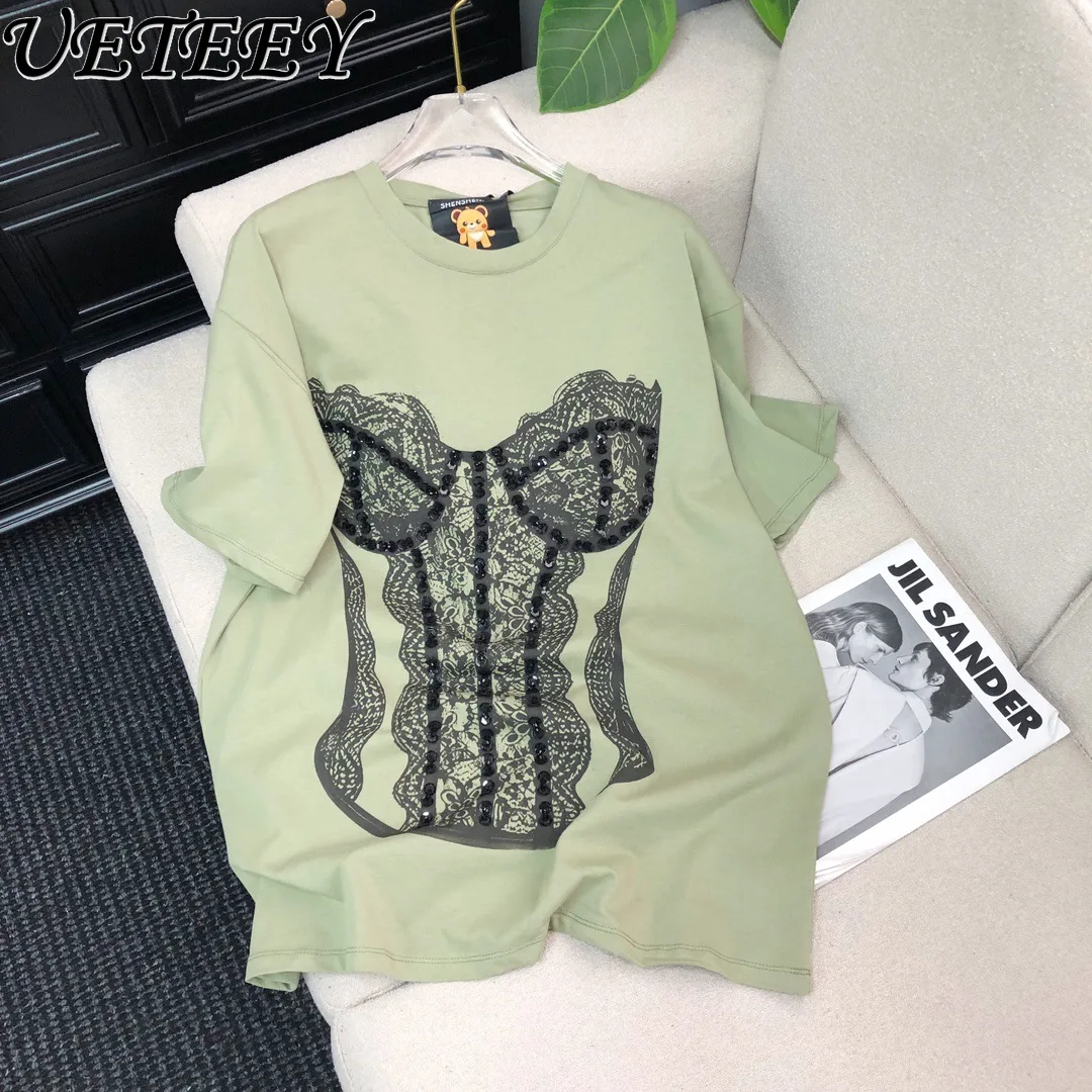

2025 Spring and Summer Korean Design Sense Black Lace Printing Tops Heavy Industry Bead Round Neck Short Sleeve T-shirt