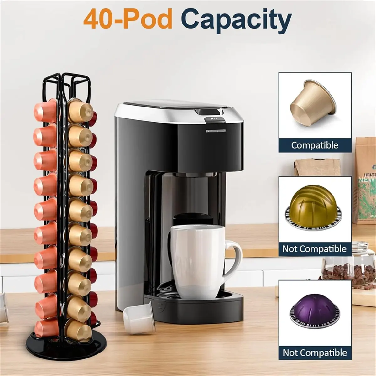 Coffee Pod Holder Silent Rotating for Pod Holder Carousel, Holds 40 Capsules Space-Saving Espresso Organizer for Kitchen