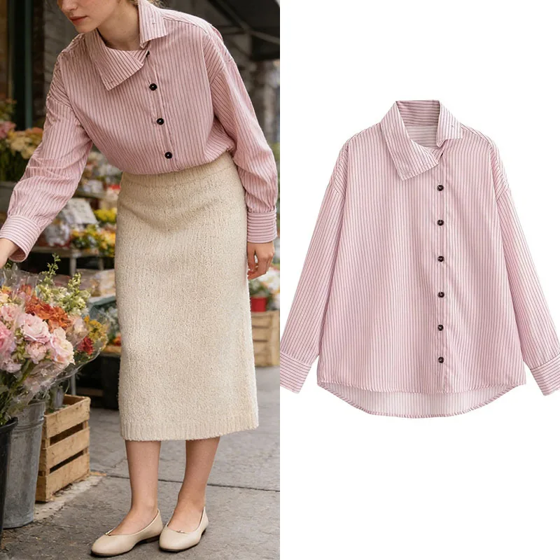 

Women's pink striped shirt with asymmetrical button placket, loose long sleeves, casual versatile new women's clothing