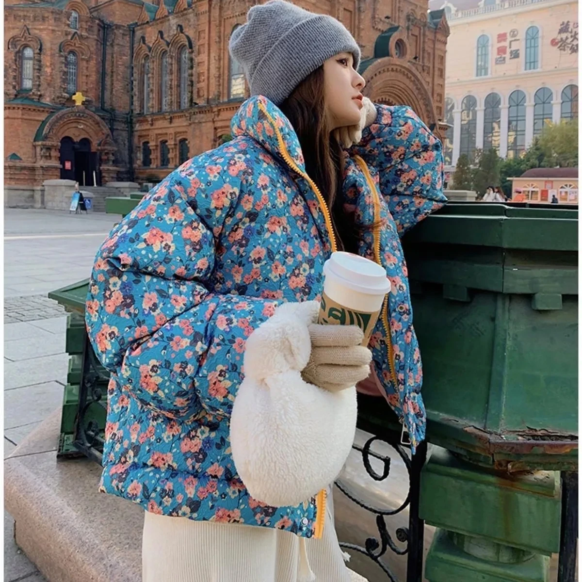 Woman Floral Printed Short Cotton Jacket Winter Thicken Loose Warm Panelled Padded Casual Outwear Female Sweet Vintage Parkas