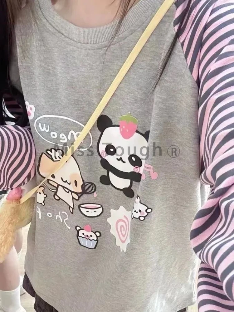 Y2k Harajuku Kawaii Striped T-shirts Women Japanese Fashion Patchwork Cartoon Print Tops Female Sweet Cat Design Casual Tees New