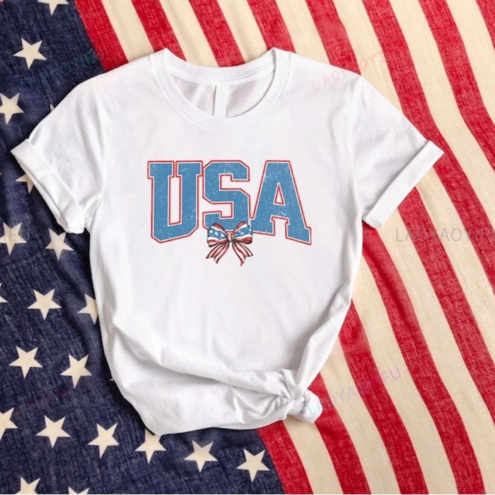 USA Coquette T-shirt United States of America Shirt USA Flag Bow Shirt Coquette Bow Aesthetic Tee Independence Day Lovely Gift