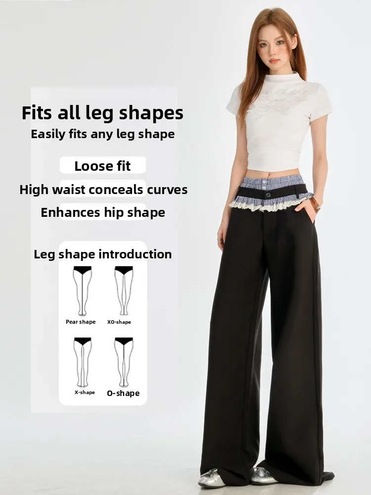 Casual Plaid Splicing Double Waist Ruffle Loose Slimming Draping Wide Leg Suit Pants High Waist Korean Style Commute Fashion
