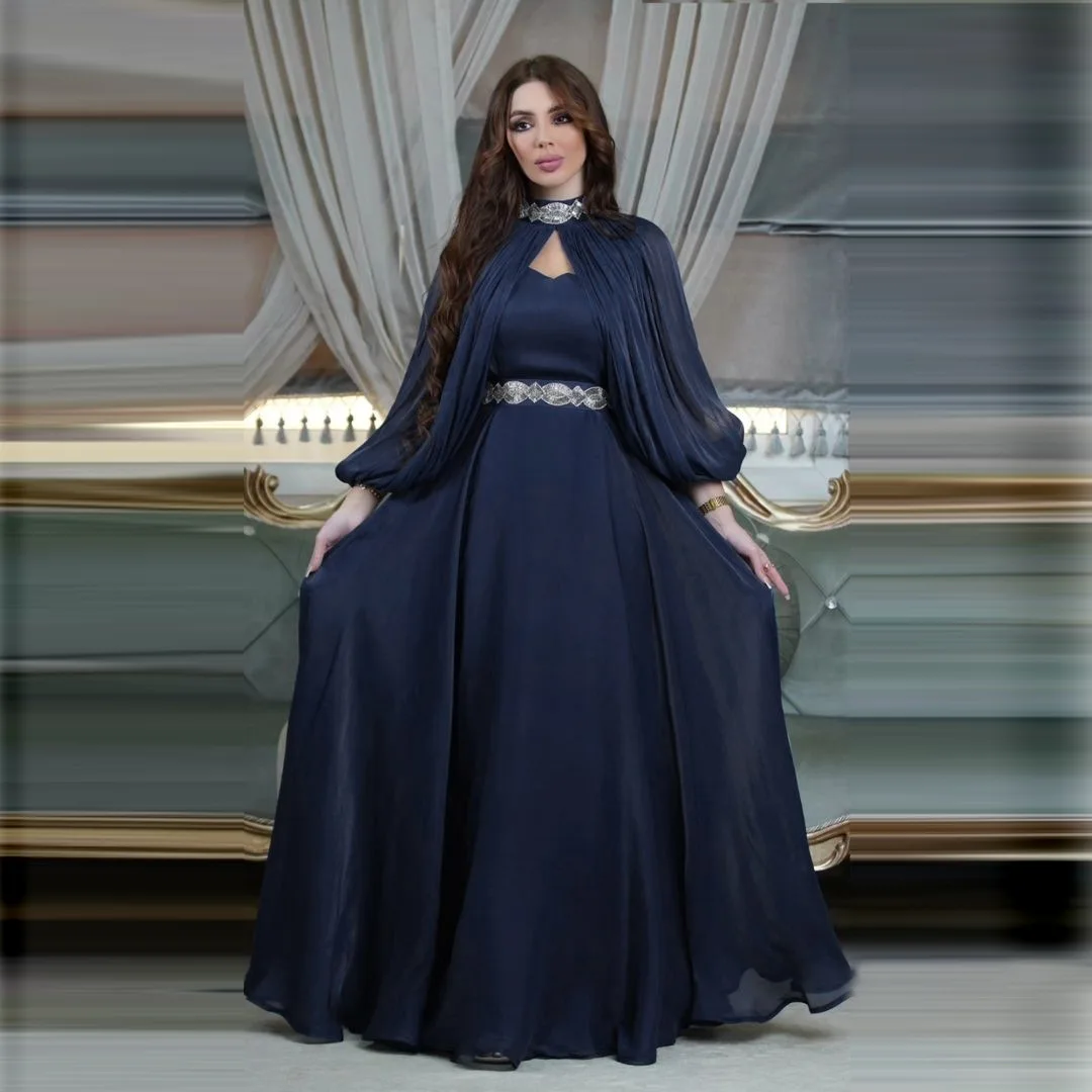 Middle Eastern Muslim Women\'s Two-piece Dresses Diamond Fashion Satin Robe Abaya Long Sleeves Shawl Elegant Evening Gowns