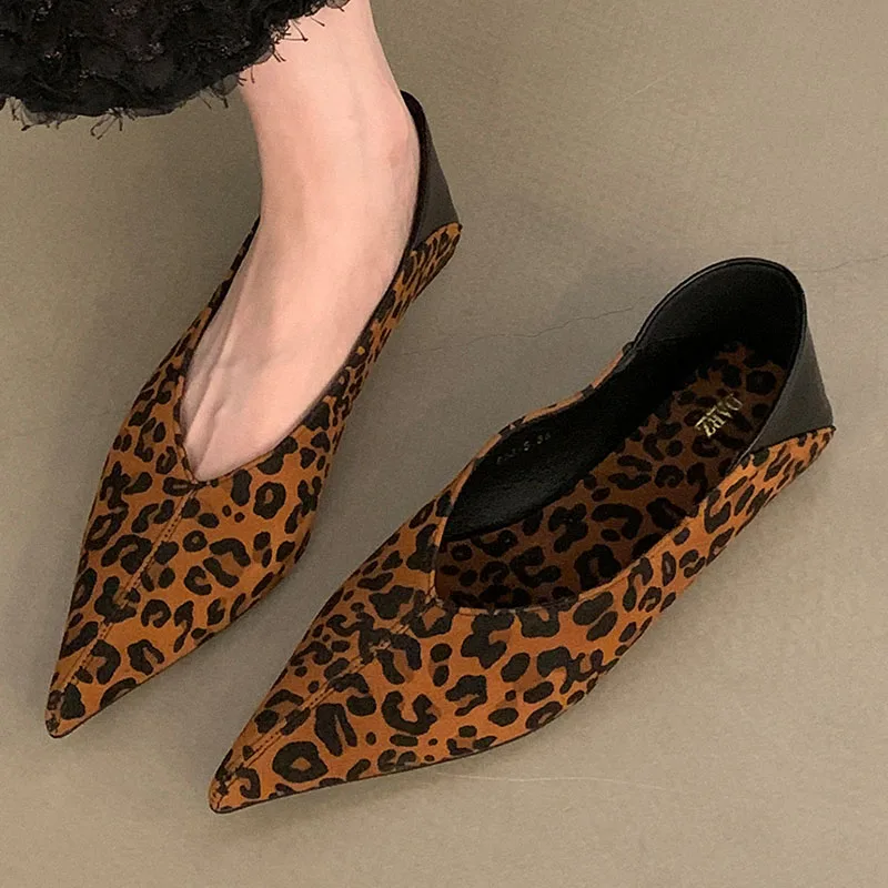 2024 Autumn Shallow Fashion Flats Shoes Women Ballerina Shallow Lightweight Pointed Toe Solid Casual Loafers Leopard Print Mujer