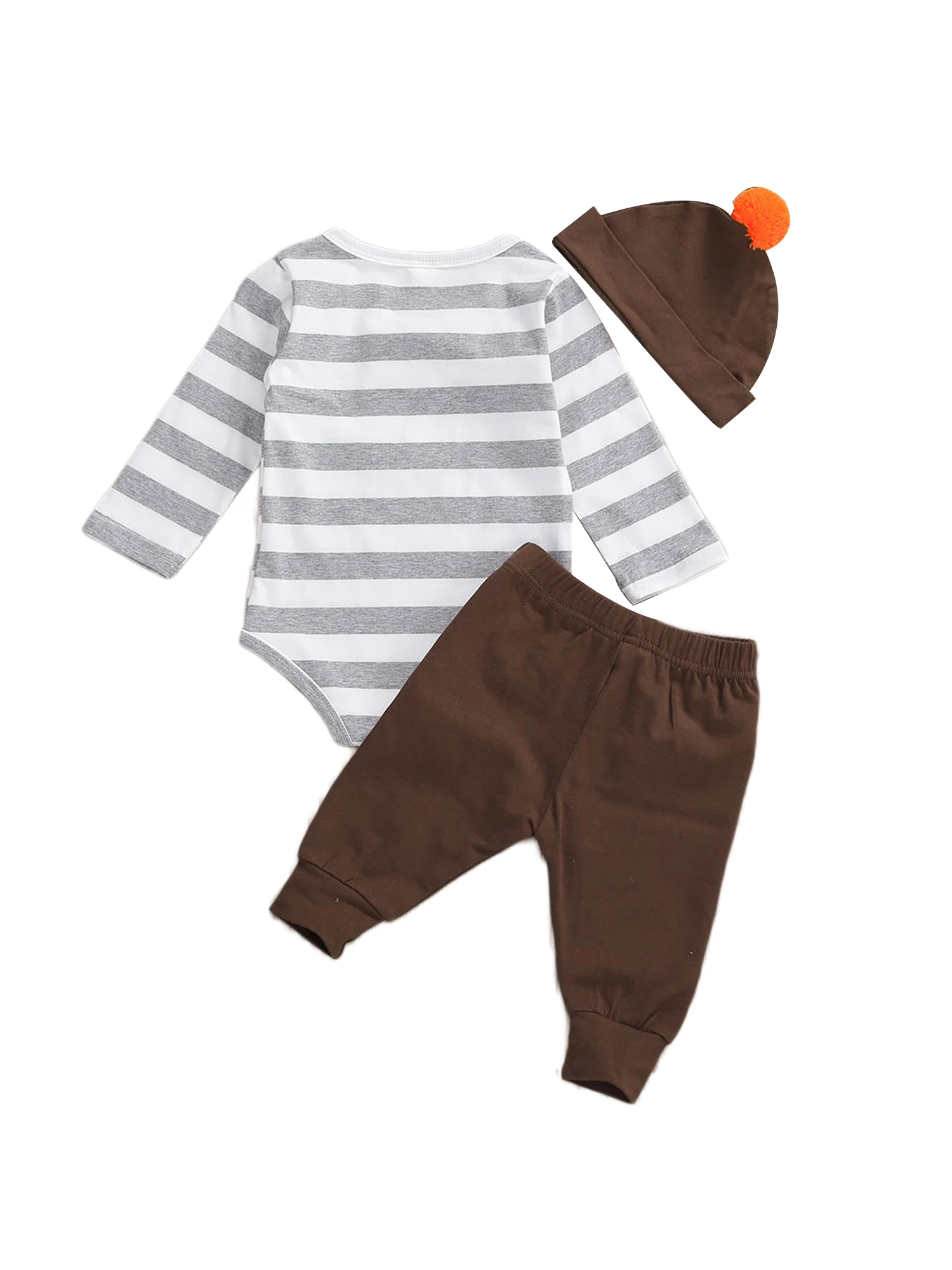 

3Pcs Baby Thanksgiving Clothes Outfits Long-Sleeved Letter Strip Printed Romper Trousers Cartoon Chicken Hat