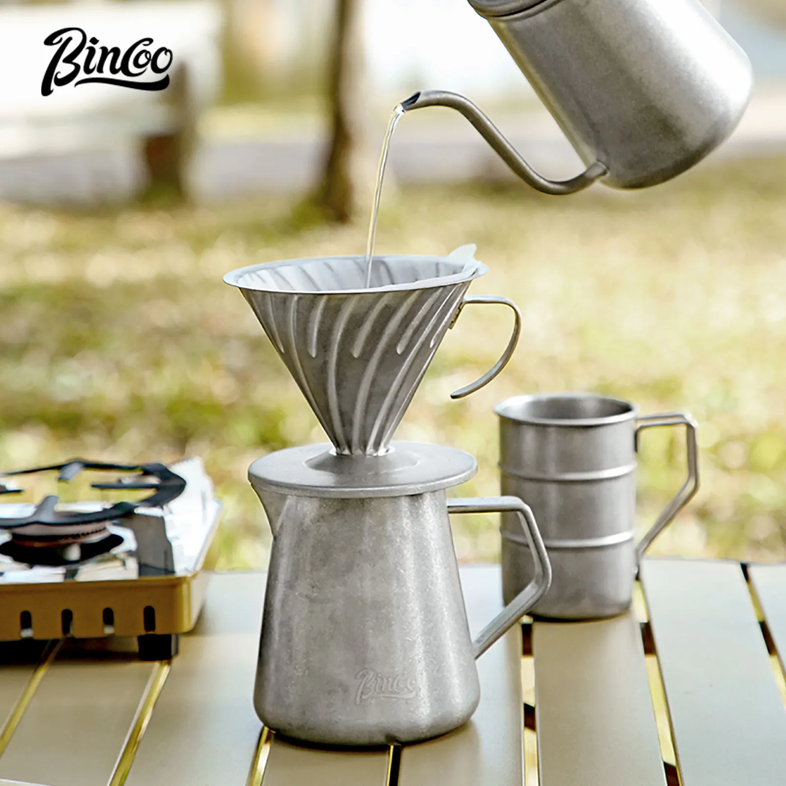 Bincoo Outdoor Hand-Brewed Coffee Pot, Camping Style, Coffee Equipment, Filter Cup, Stainless Steel, Portable Set